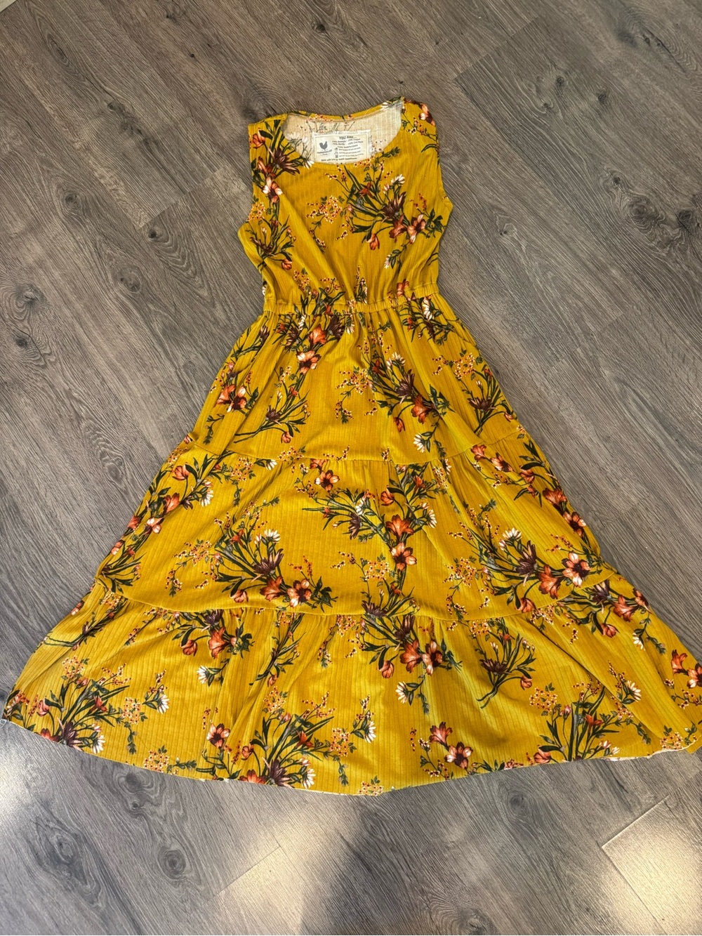 Floral Mustard Sleeveless Maxi Dress with Cinched Waist - Unbranded